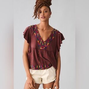 By Anthropologie Short Sleeve Top Embroidered NWT $98 Medium SOFT